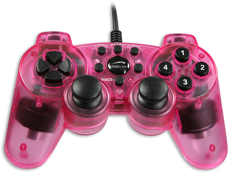 Pinkfarbener, kabelgebundener Speedlink Gamecontroller mit zwei Analogsticks, Steuerkreuz und zahlreichen Tasten
