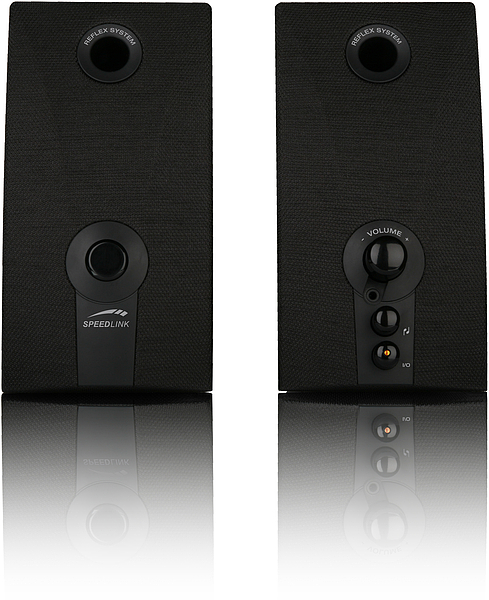 Zwei schwarze Speedlink PC-Lautsprecher mit Lautstärkeregler und Reflex-System, Vorderansicht