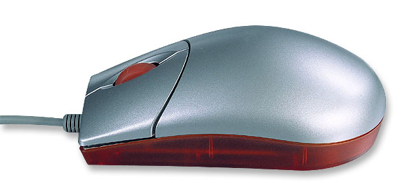 Silberne optische Computermaus mit rotem Scrollrad und roter Unterseite, Kabelanschluss, Seitenansicht