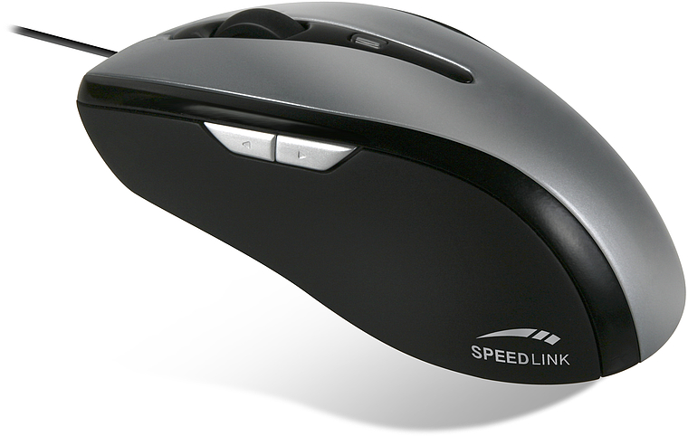 Seitliche Ansicht einer SPEEDLINK Kabelmaus in Schwarz und Grau mit zwei Seitentasten und Scrollrad