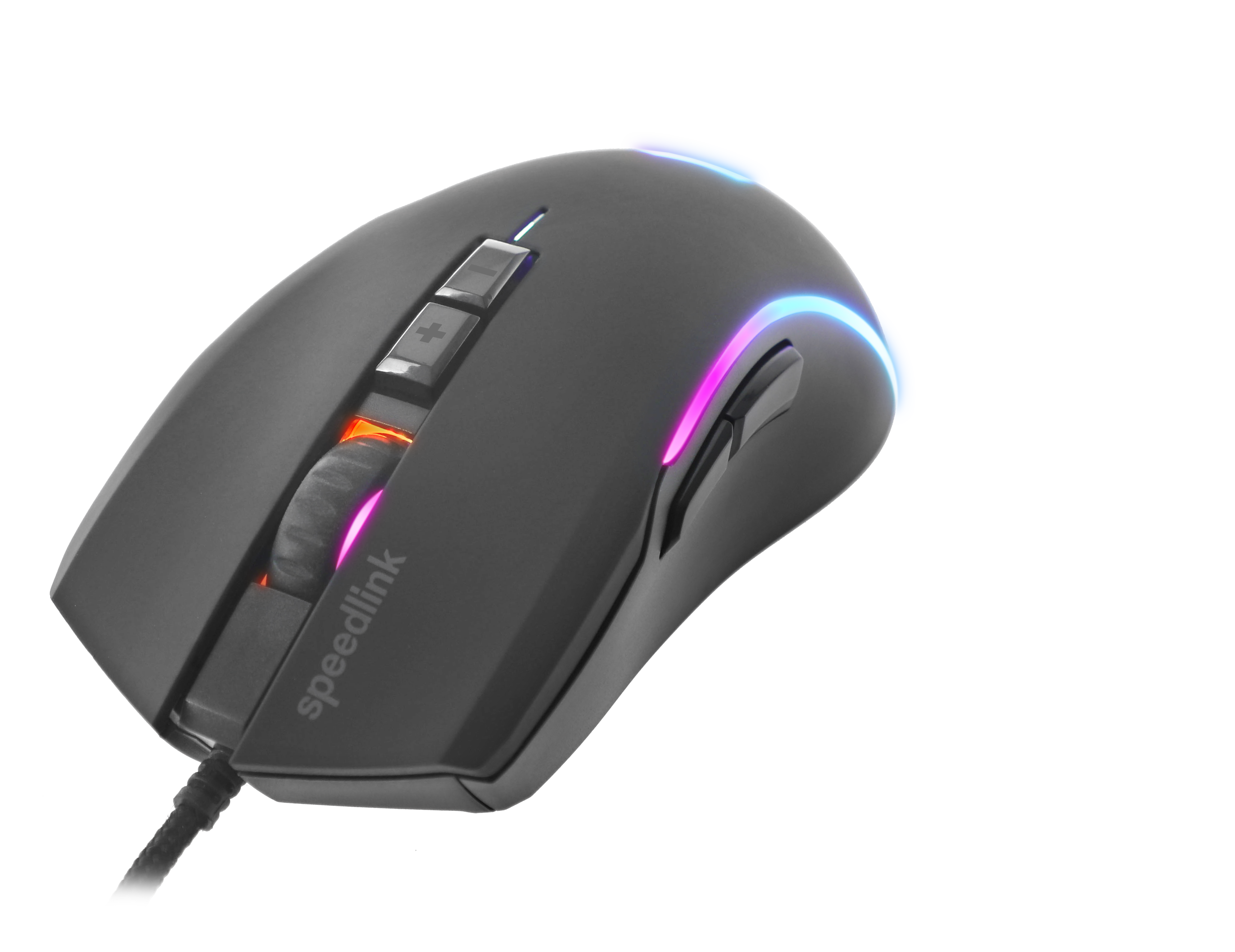 Schwarze Speedlink Gaming-Maus mit beleuchtetem Scrollrad und farbiger RGB-Beleuchtung, USB-Kabel