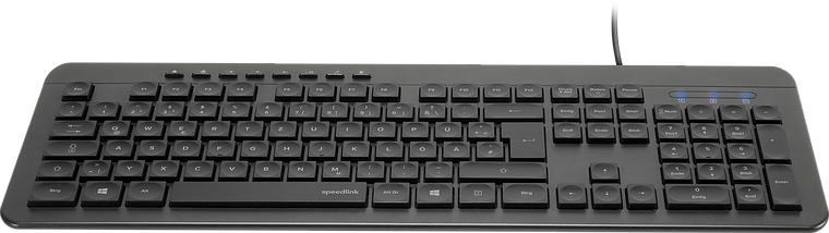 Schwarze Speedlink-Tastatur mit Kabel, flachen Tasten und integriertem Ziffernblock