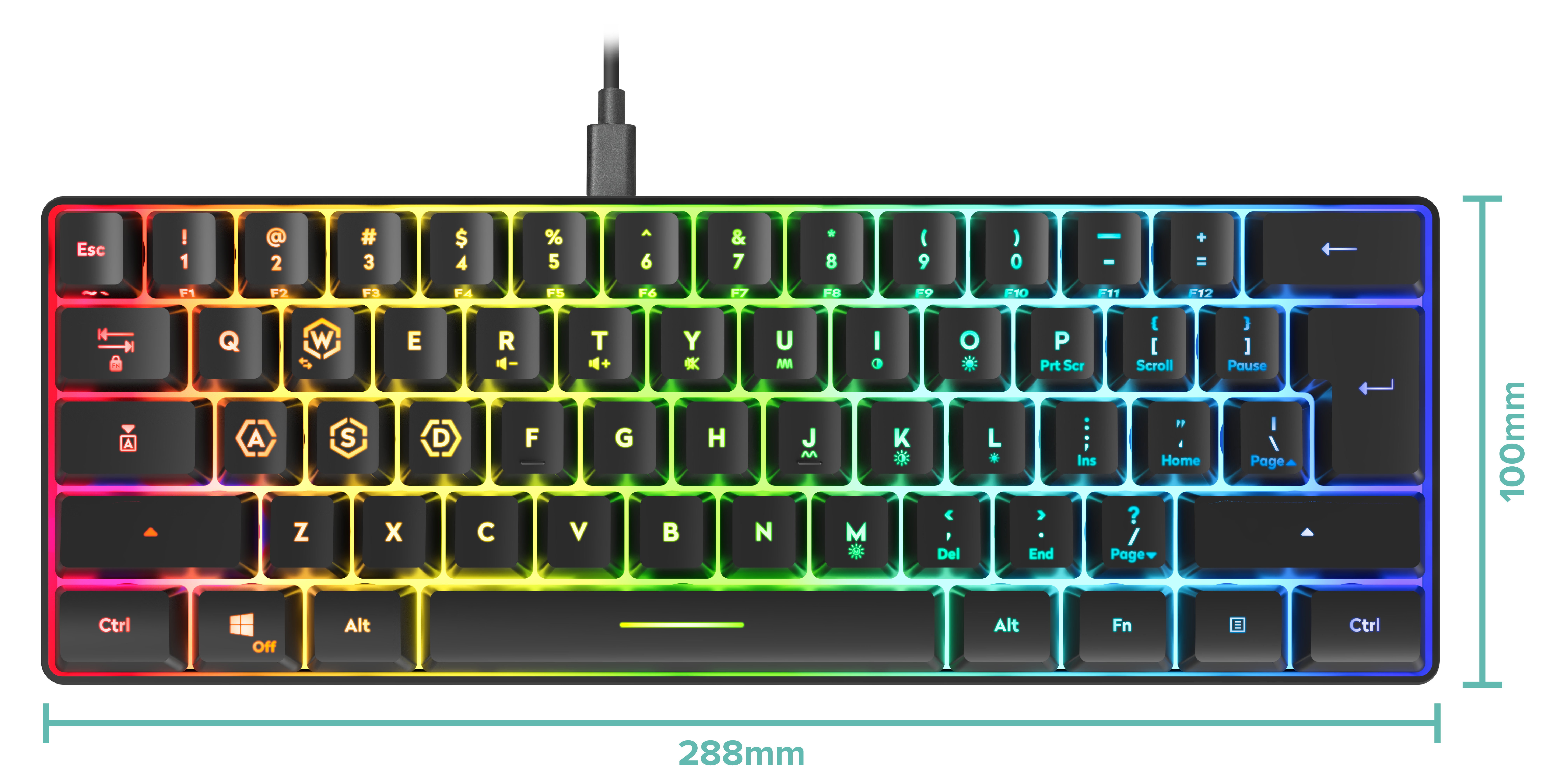 Mechanische Gaming-Tastatur mit RGB-Beleuchtung, 61 Tasten, kompaktes Design, Maße 288 mm x 100 mm, USB-Kabel angeschlossen