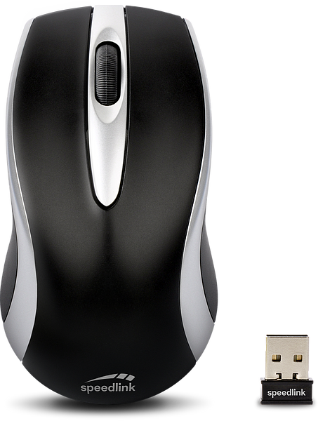 Schwarze kabellose Speedlink Computermaus mit silbernen Seiten und passendem USB-Empfänger