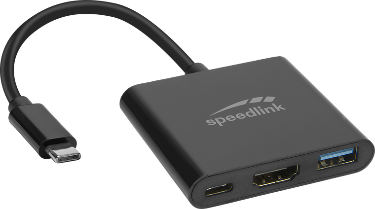 Schwarzer Speedlink USB-C Adapter mit HDMI-, USB-A- und USB-C-Anschlüssen für vielseitige Verbindungsmöglichkeiten