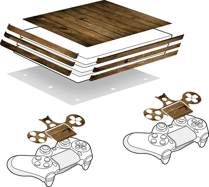 Illustration eines Holzoptik-Regals mit Haltern für zwei Spiele-Controller