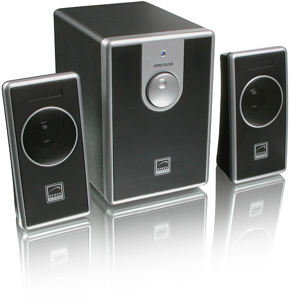 Schwarzes 2.1 Lautsprechersystem bestehend aus zwei Satellitenlautsprechern und einem Subwoofer, geeignet für Computer und Multimedia-Anwendungen