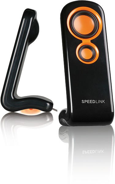 Zwei schwarze SPEEDLINK Lautsprecher mit orangefarbenen Akzenten, geeignet für Computer und Laptops, modern und platzsparend