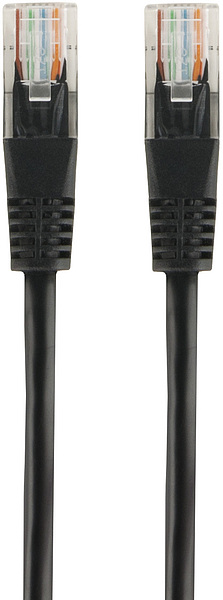 Schwarzes Ethernet Netzwerkkabel mit zwei RJ45 Steckern für Computer und Router