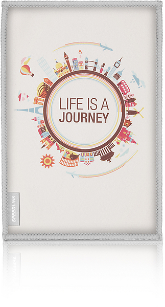 Tablet-Schutzhülle mit buntem Städte-Motiv und dem Schriftzug 'Life is a Journey' auf der Vorderseite