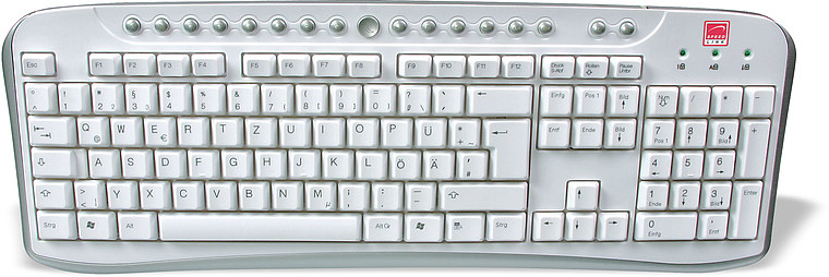 Abbildung einer weißen Computer-Tastatur mit deutschem QWERTZ-Layout und zahlreichen Funktionstasten