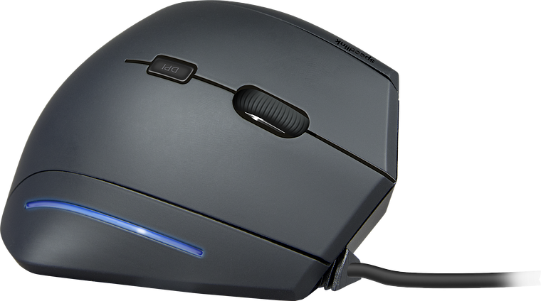 Seitliche Ansicht einer ergonomischen vertikalen kabelgebundenen Computermaus mit DPI-Taste, Scrollrad und blau leuchtendem LED-Streifen
