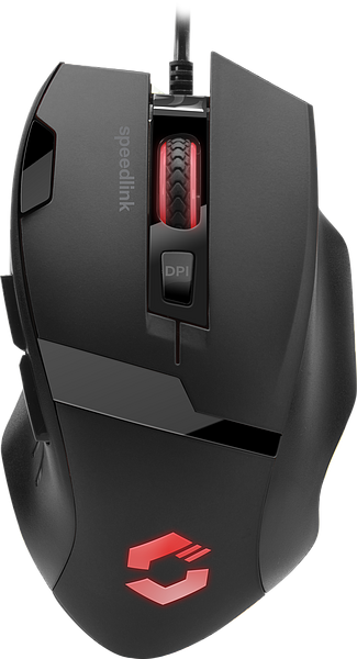 Schwarze Speedlink Gaming-Maus mit roter LED-Beleuchtung und DPI-Taste, ergonomisches Design