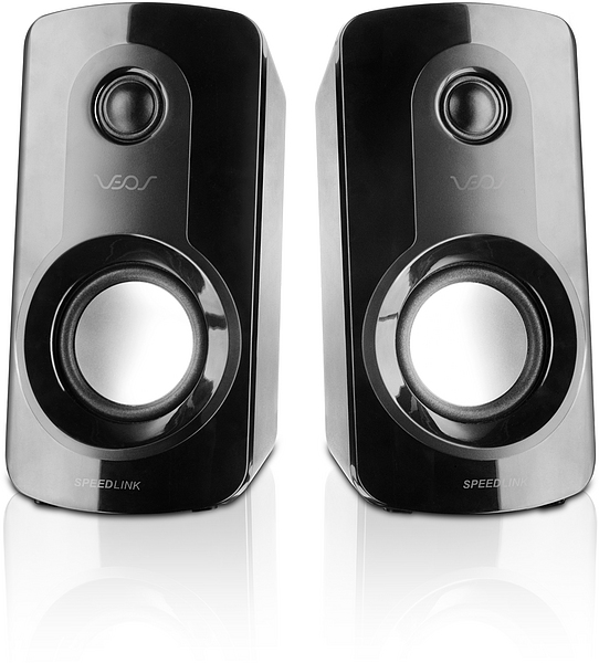 Zwei schwarze Speedlink VEOS Lautsprecher mit glänzender Oberfläche, geeignet für den Einsatz am PC oder Laptop