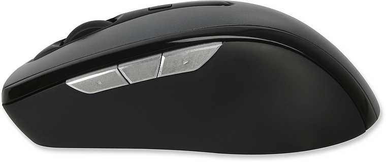 Seitenansicht einer schwarzen, kabellosen Computermaus mit ergonomischem Design und silbernen Seitentasten