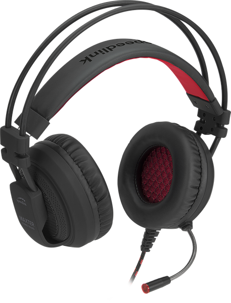 Schwarzes Gaming-Headset mit roter Polsterung und integriertem Mikrofon