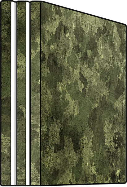 Abbildung eines grünen Notizbuchs mit dezentem Muster und zwei weißen Linien auf dem Buchrücken