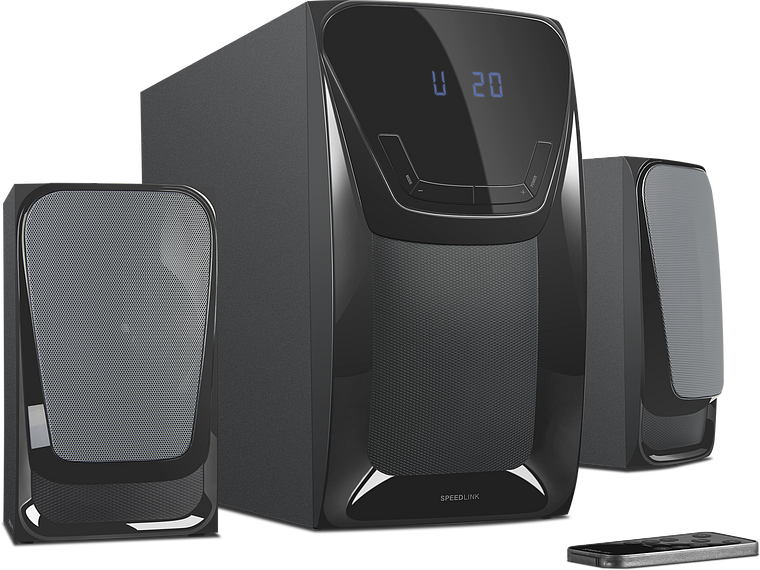 Schwarzes 2.1 Lautsprechersystem mit Subwoofer, zwei Satellitenlautsprechern und Fernbedienung vor weißem Hintergrund