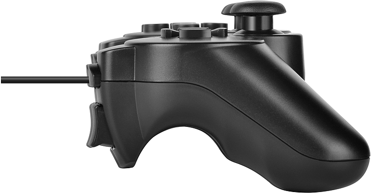 Seitenansicht eines schwarzen, kabelgebundenen Gamecontrollers mit mehreren Tasten und Joystick