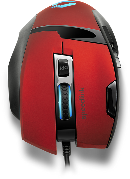 Obenansicht einer roten Speedlink Gaming-Maus mit beleuchtetem Mausrad und gut sichtbarem DPI-Schalter