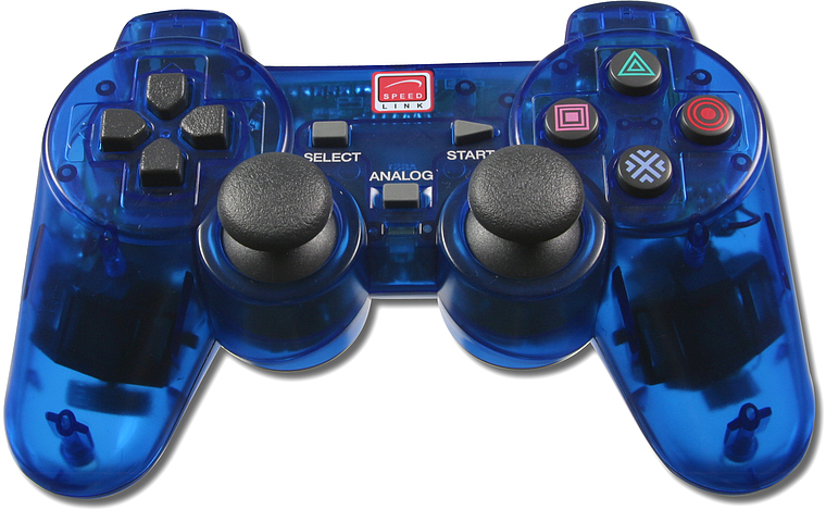 Speedlink Gamecontroller in transparentem Blau mit zwei Analogsticks, Richtungstasten und Funktionstasten