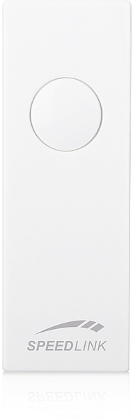 Weiße SPEEDLINK Fernbedienung mit zentralem rundem Knopf und Logo am unteren Rand