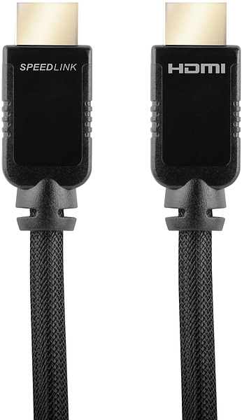 Schwarzes SPEEDLINK HDMI-Kabel mit zwei vergoldeten Steckern und robuster Textilummantelung