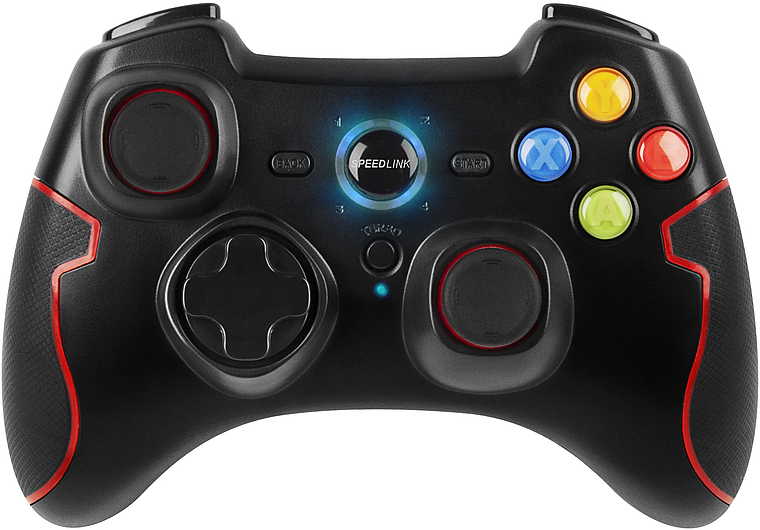 Schwarzer Speedlink Wireless Game Controller mit farbigen Tasten und roter Umrandung, geeignet für PC und Konsolen