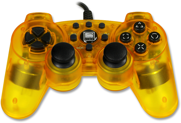 Kabelgebundener, transparenter gelber Gamecontroller von Speedlink mit zwei Analogsticks, vier Richtungstasten und mehreren Funktionstasten