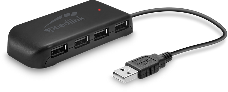 Schwarzer Speedlink USB-Hub mit vier USB-Anschlüssen und USB-Stecker, geeignet für Computer und Laptops