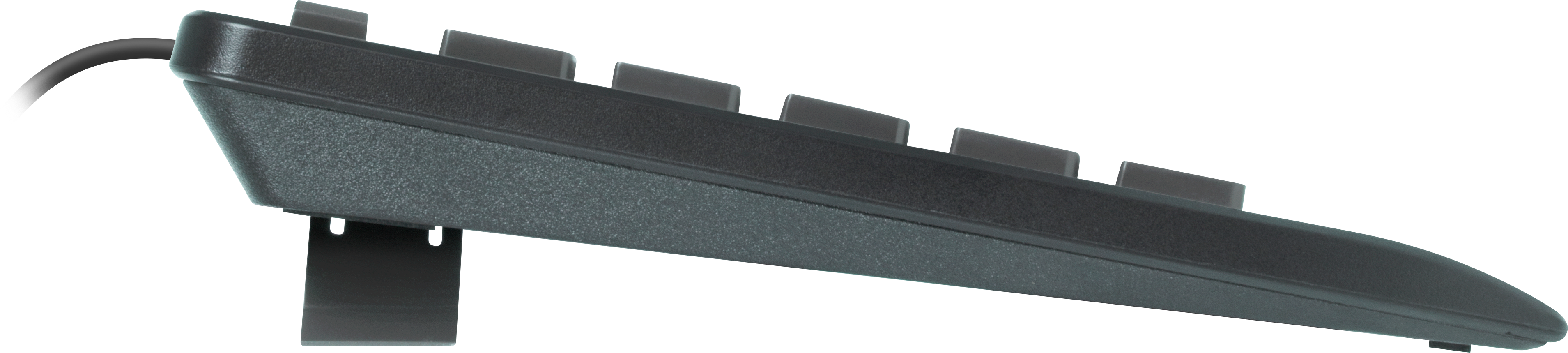 Schmale Seitenansicht einer schwarzen Tastatur mit sichtbaren Tasten und angeschlossenem Kabel