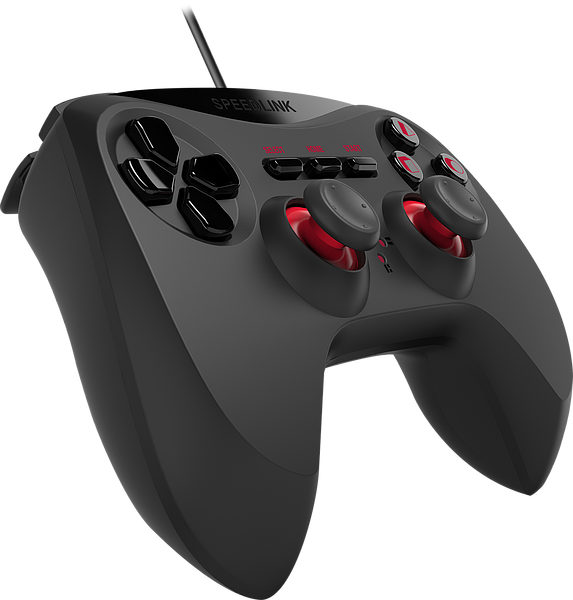 Abbildung eines schwarzen Speedlink USB-Gamecontrollers mit roten Akzenten, zwei Joysticks und Funktionstasten für Computerspiele