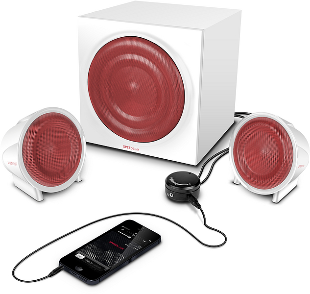 Weiß-rotes SPEEDLINK 2.1 Lautsprechersystem mit Subwoofer, zwei Satellitenlautsprechern und angeschlossenem Smartphone