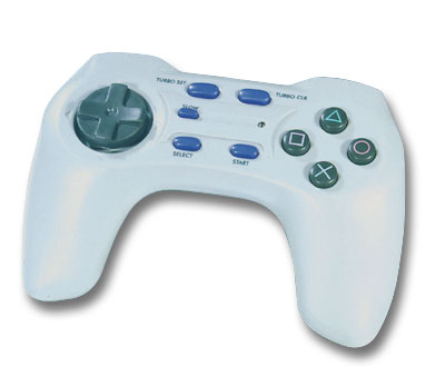 Abbildung eines weißen Gamecontrollers mit Steuerkreuz, vier farbigen Aktionstasten und mehreren Funktionstasten für Videospielkonsolen