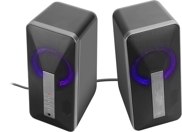 Zwei schwarze Computerlautsprecher mit violetter LED-Beleuchtung und silberner Frontblende, verbunden mit einem Kabel