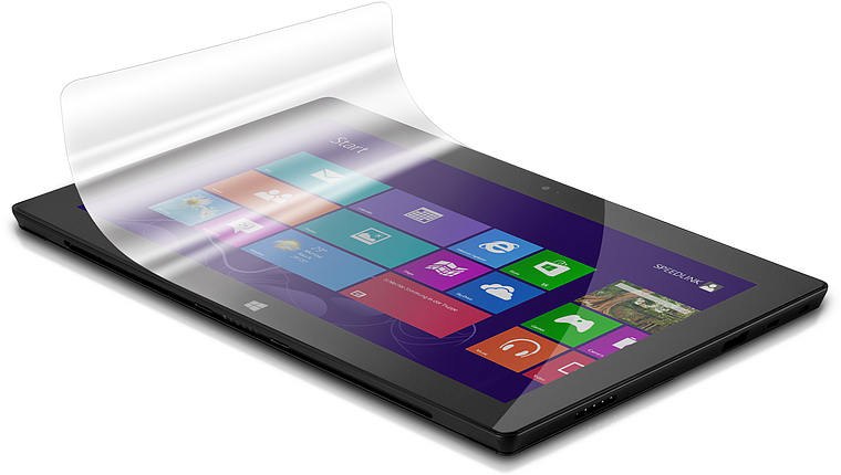 Transparente Schutzfolie wird auf das Display eines Tablets mit Windows-Betriebssystem angebracht