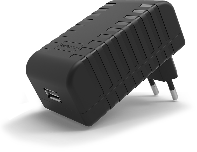 Schwarzes SPEEDLINK USB-Ladegerät mit zwei USB-Anschlüssen für die Steckdose, geeignet für verschiedene Geräte