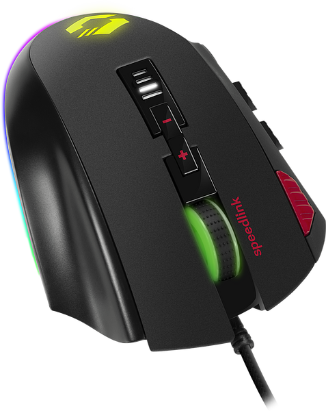 Schwarze Gaming-Maus von Speedlink mit LED-Beleuchtung, mehreren Tasten und ergonomischem Design