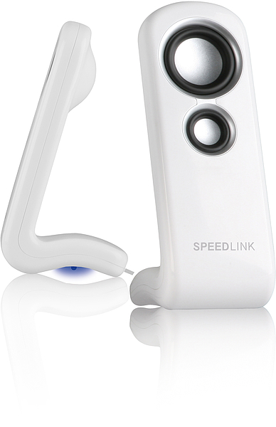Zwei weiße SPEEDLINK USB-Lautsprecher in modernem Design für Computer oder Laptop, seitlich und frontal abgebildet