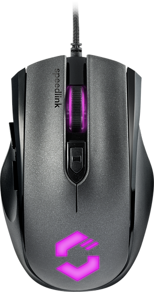 Ergonomische Speedlink Gaming-Maus in schwarz-silber mit violetter LED-Beleuchtung und Kabel