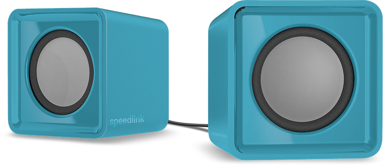 Zwei kleine, blaue Speedlink Lautsprecher mit eckigem Design, verbunden durch ein Kabel