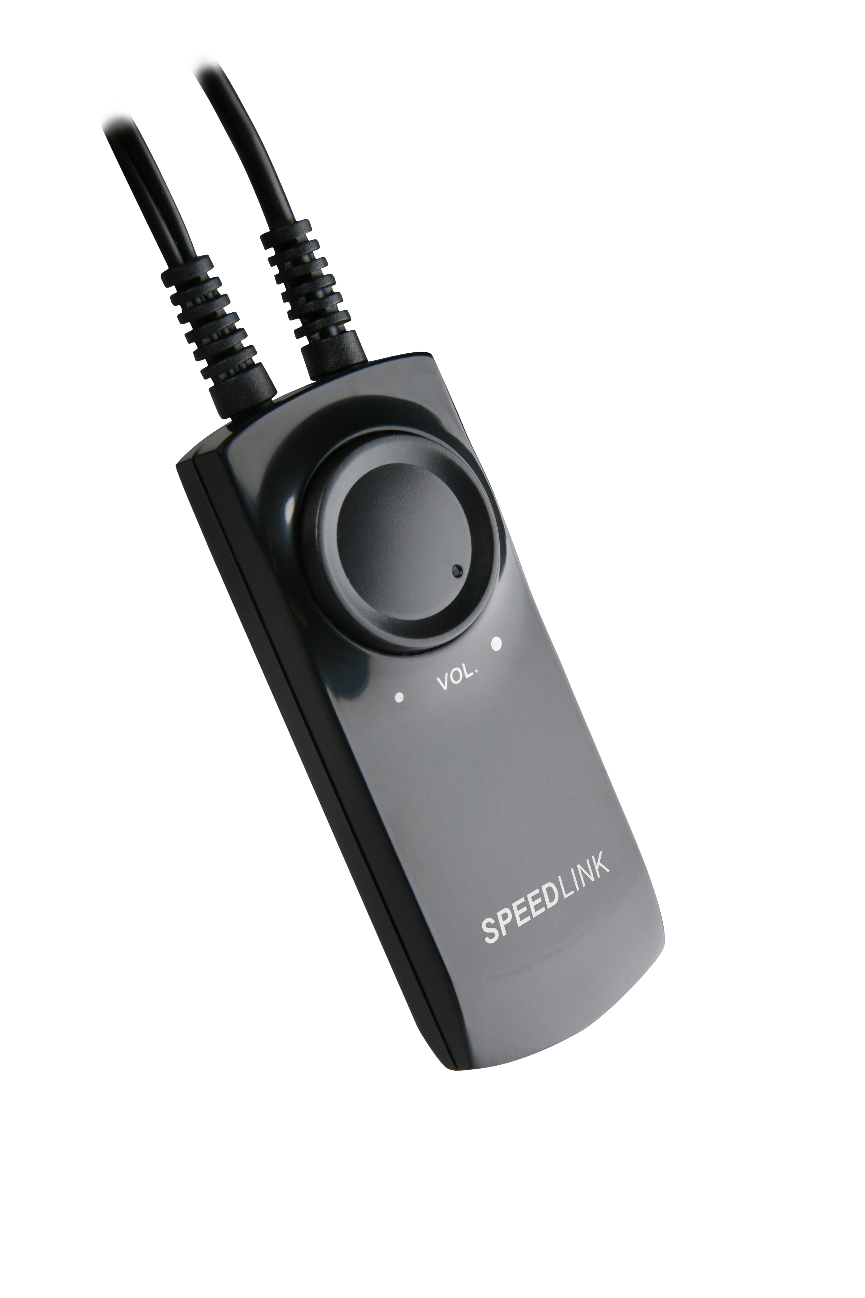 Schwarzer externen Lautstärkeregler von SPEEDLINK mit Drehknopf und zwei Kabelanschlüssen