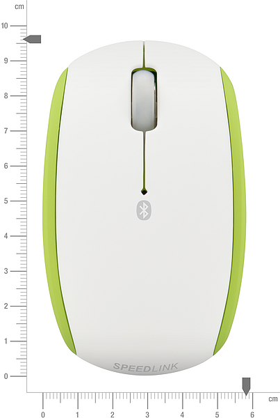 Obenansicht einer weißen und grünen kabellosen SPEEDLINK Bluetooth-Maus mit seitlicher Maßskala in Zentimetern
