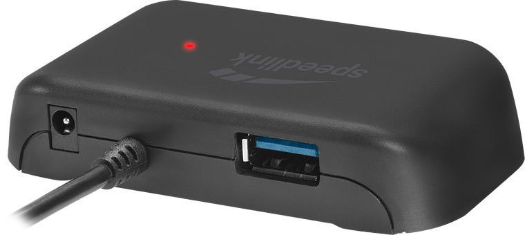 Schwarzer Speedlink USB 3.0 Hub mit Stromanschluss, USB-Port und leuchtender LED-Anzeige