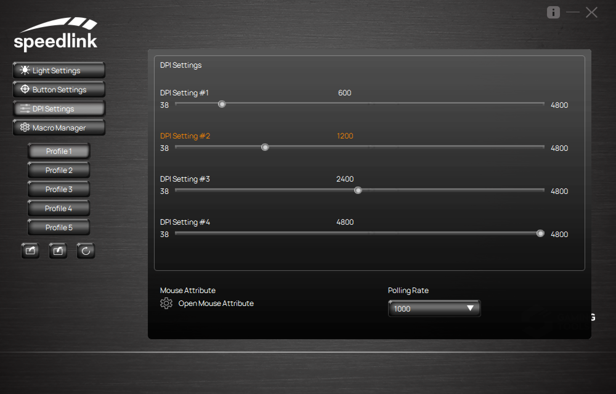 Screenshot der Speedlink Konfigurationssoftware mit DPI-Einstellungen und Profilen für eine Gaming-Maus