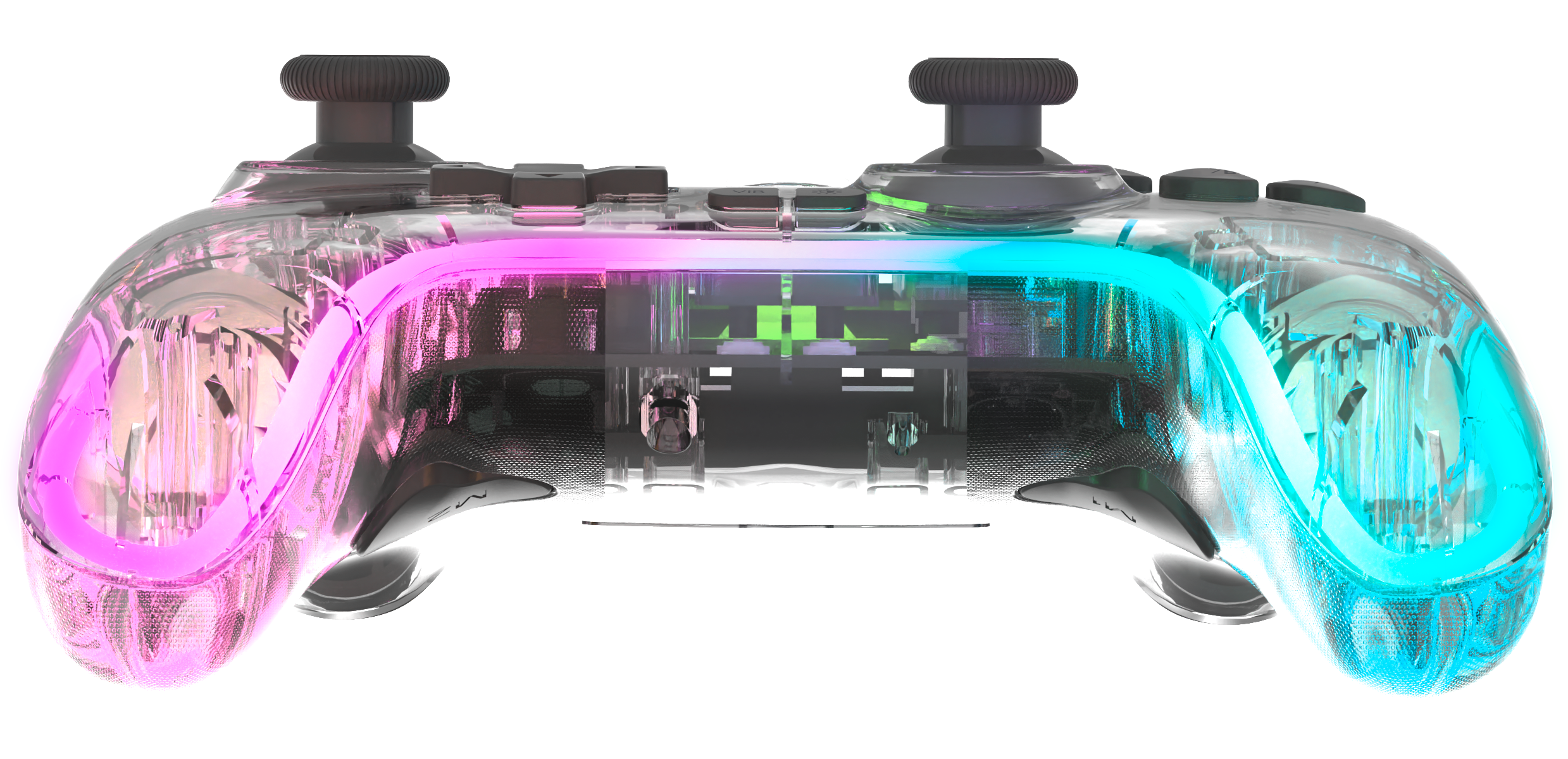 Ein durchsichtig gestalteter Gaming-Controller mit leuchtender LED-Beleuchtung in Pink und Blau, frontal fotografiert