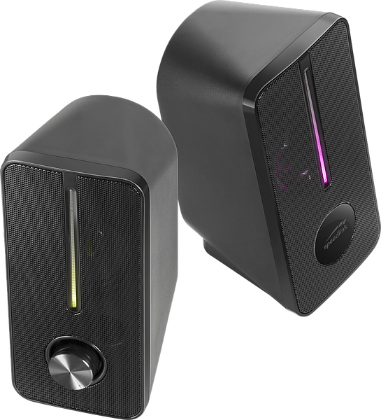 Zwei schwarze Desktop-Lautsprecher mit vertikaler LED-Beleuchtung und Lautstärkeregler, geeignet für Computer oder Home-Office