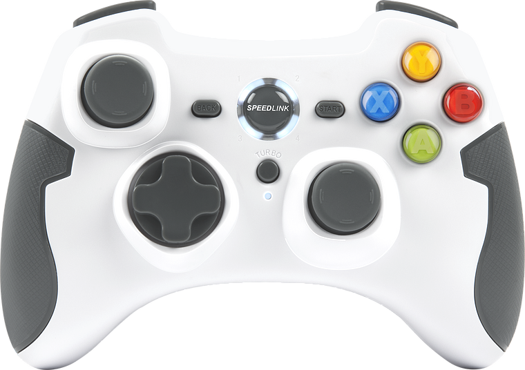 Weißer Speedlink-Gamecontroller mit zwei Joysticks, Steuerkreuz und farbigen Tasten (A, B, X, Y)