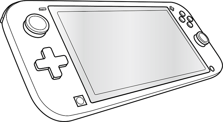 Abbildung einer tragbaren Spielekonsole mit Bildschirm, Steuerkreuz, Tasten und Joysticks