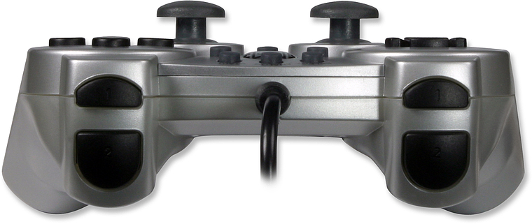 Vorderansicht eines silbernen kabelgebundenen Gamepads mit zwei Joysticks und mehreren Tasten